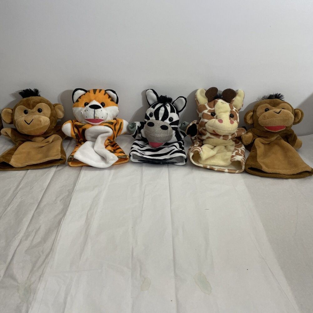 Melissa & Doug Zoo Animals Hand Puppets Monkeys Tiger Zebra Giraffe Lot Of 5